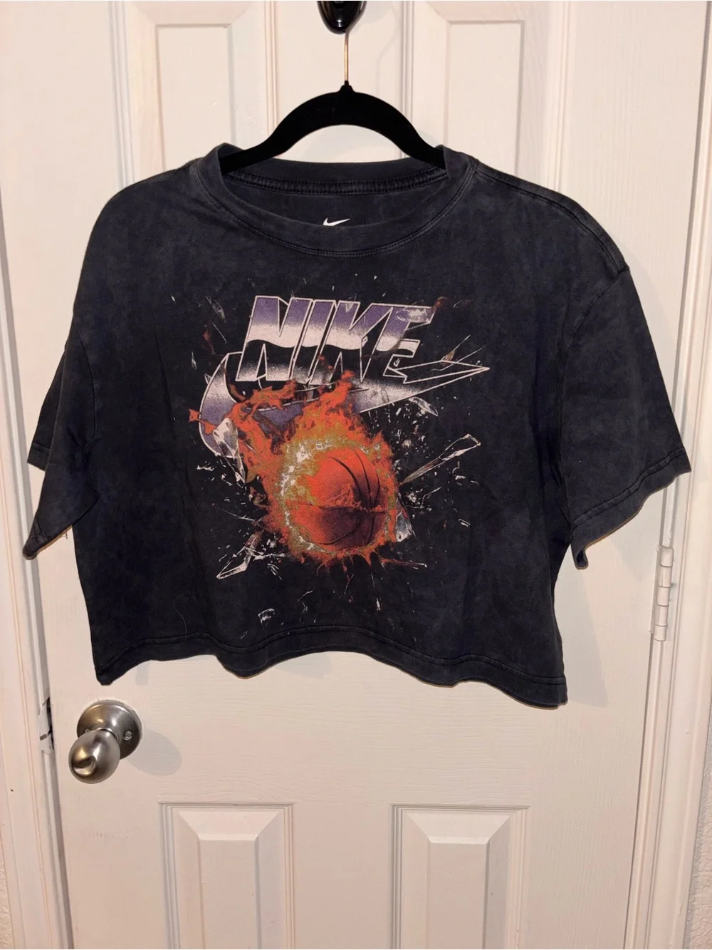 Nike Black Crop Tee with Flaming Basketball Graphic